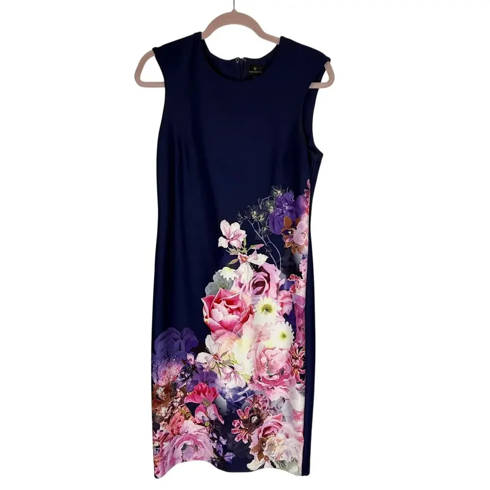 Worthington Navy Blue w/ Florals Bodycon Sleeveless Smooth Stretch‎ Dress Size 6